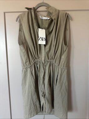 ZARA Olive Sleeveless Button-Front Drawstring Dress